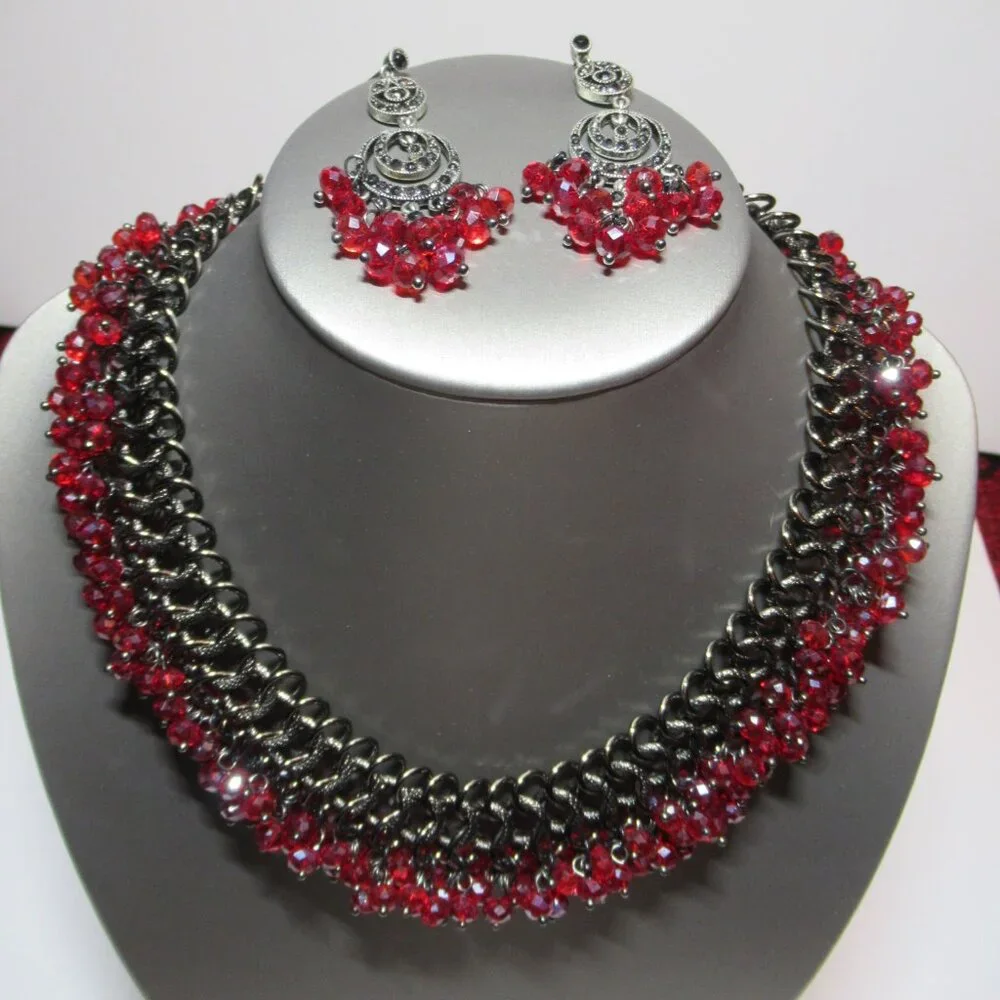 Chainmail Necklace & Earrings Set Silver with Red Beads Choker Collar Dangle - Picture 1 of 16